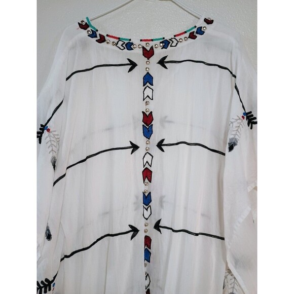 World Family Ibiza White Feather-Embroidered Beaded Tunic / Kaftan – Boho Dress - Picture 9 of 11